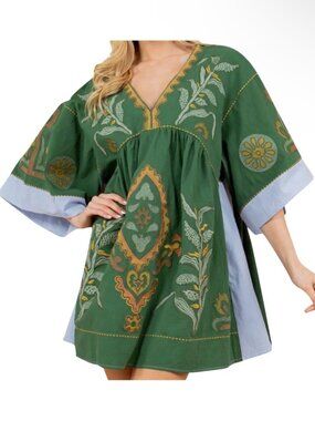 Sunday Up Green Boho Embroidered V Neck Mini Dress